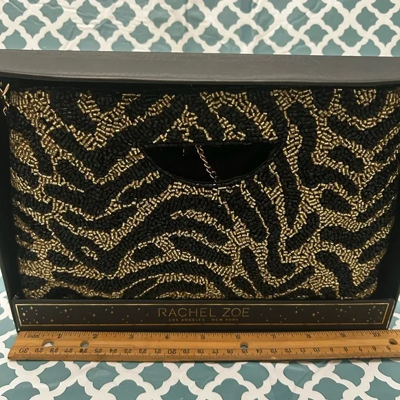 Rachel Zoe Zebra Pattern Beaded gold and black Clutch convertible NEW - Picture 2 of 5